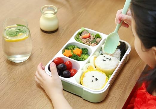 4 Compartment Lunch Box Reusable Microwave Freezer Safe Food Containers with Spoon